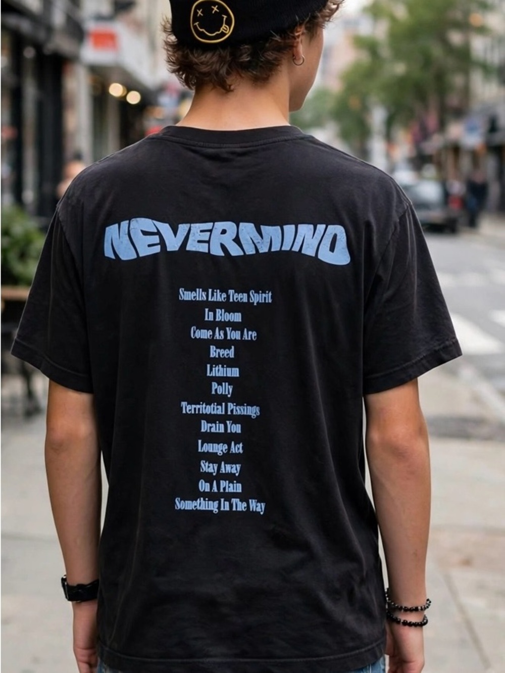 H&M Black Tee with Light Blue NEVERMIND Back Print